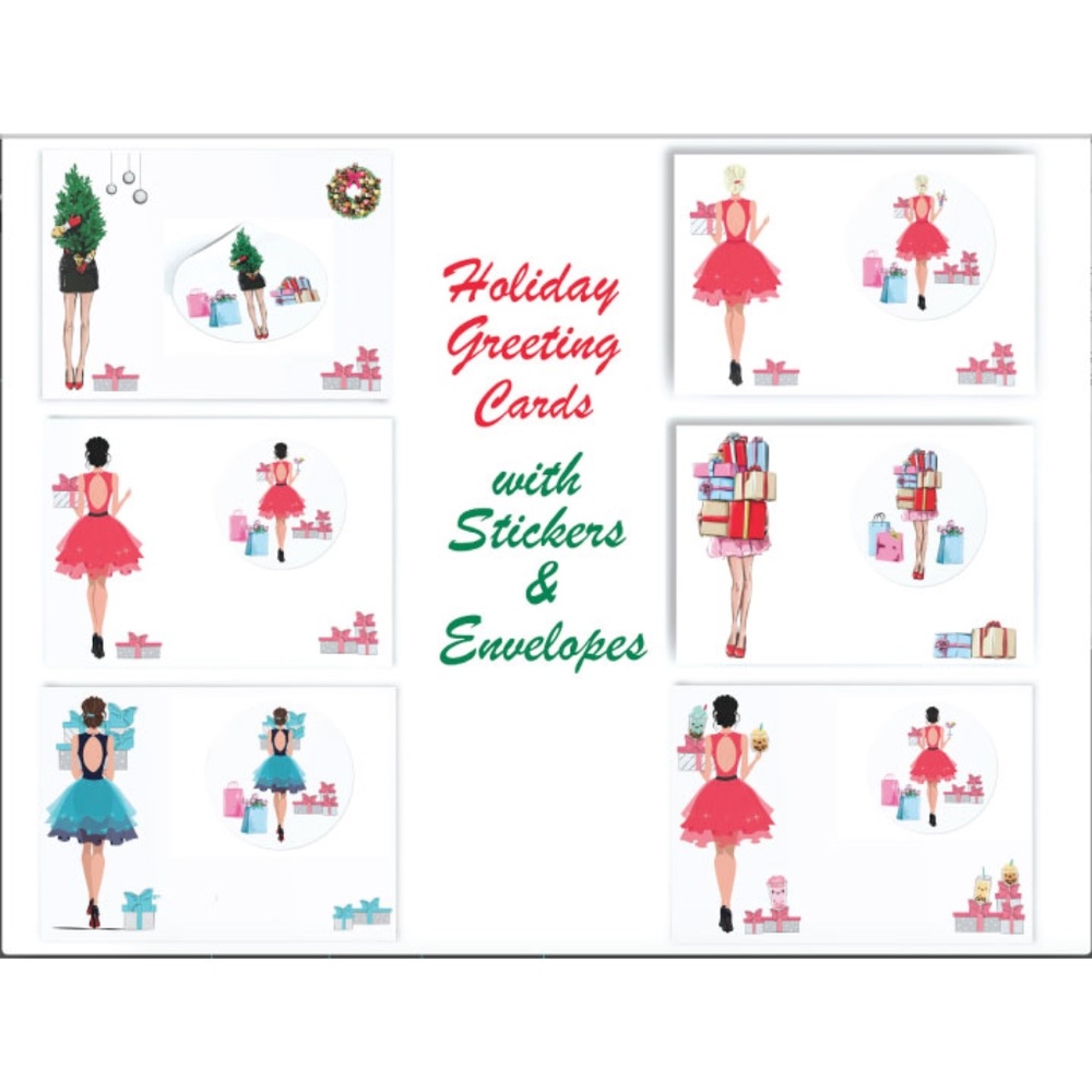 x12 Fashion Christmas Cards Holiday Stationery Gift Set w/ Stickers & Envelopes